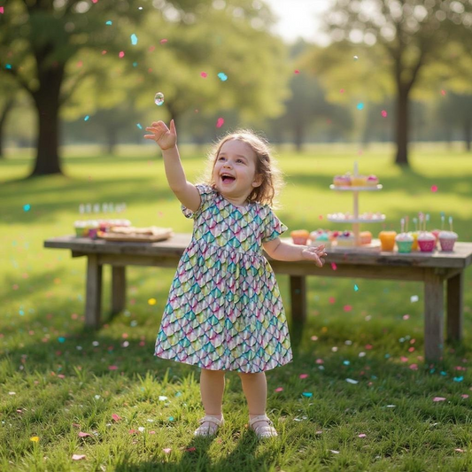 Mermaid Scales Pastel Rainbow Print Gathered Short Sleeve Play Dress Stretch Knit