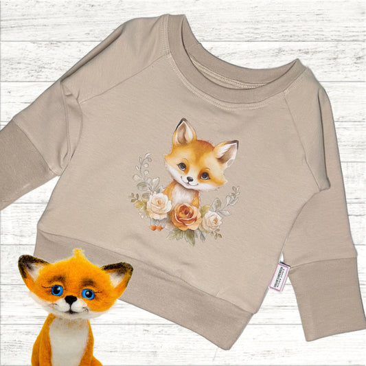 Cute Fox Graphic Honey Beige Grow Along Crew Neck