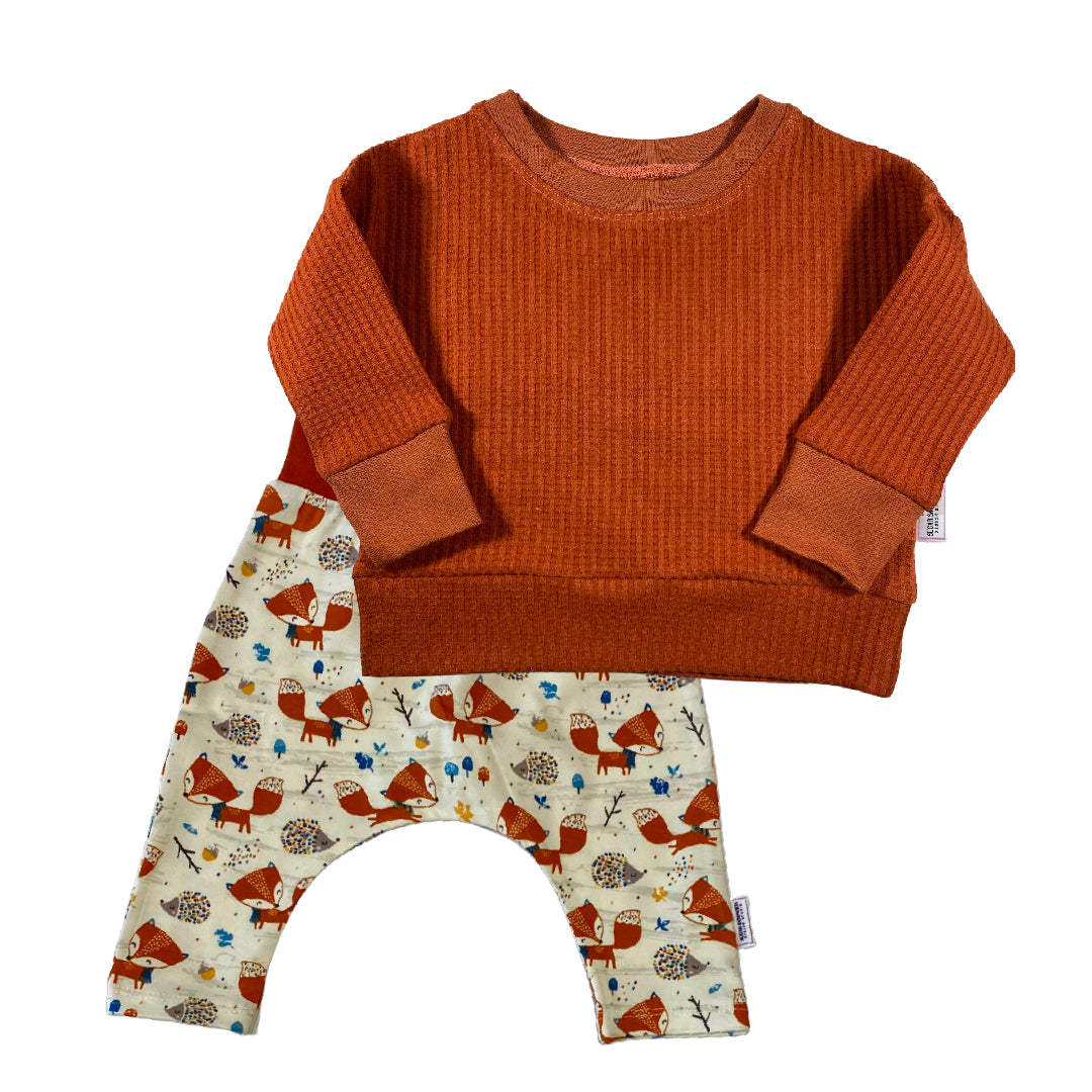 Cute Fox Organic Cotton Cuffless Harem Pants with Matching Top Knot Hat