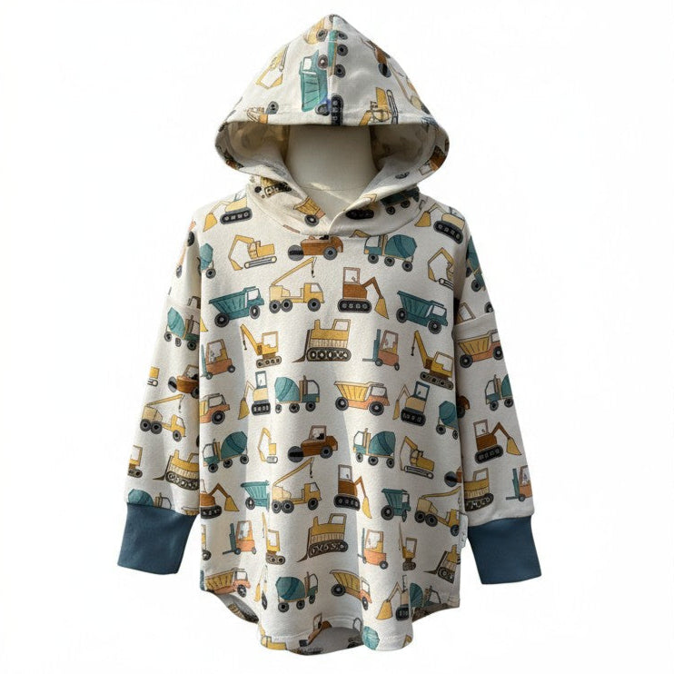 Children's hoodie with construction vehicle pattern on a white background