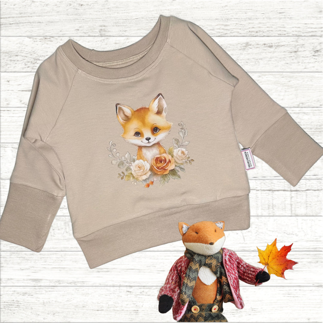 Cute Fox Graphic Honey Beige Grow Along Crew Neck