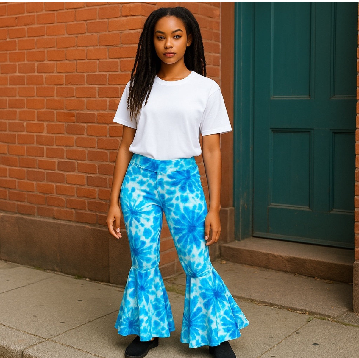 Woman wearing a white t-shirt and blue tie-dye flared pants standing against a brick wall.