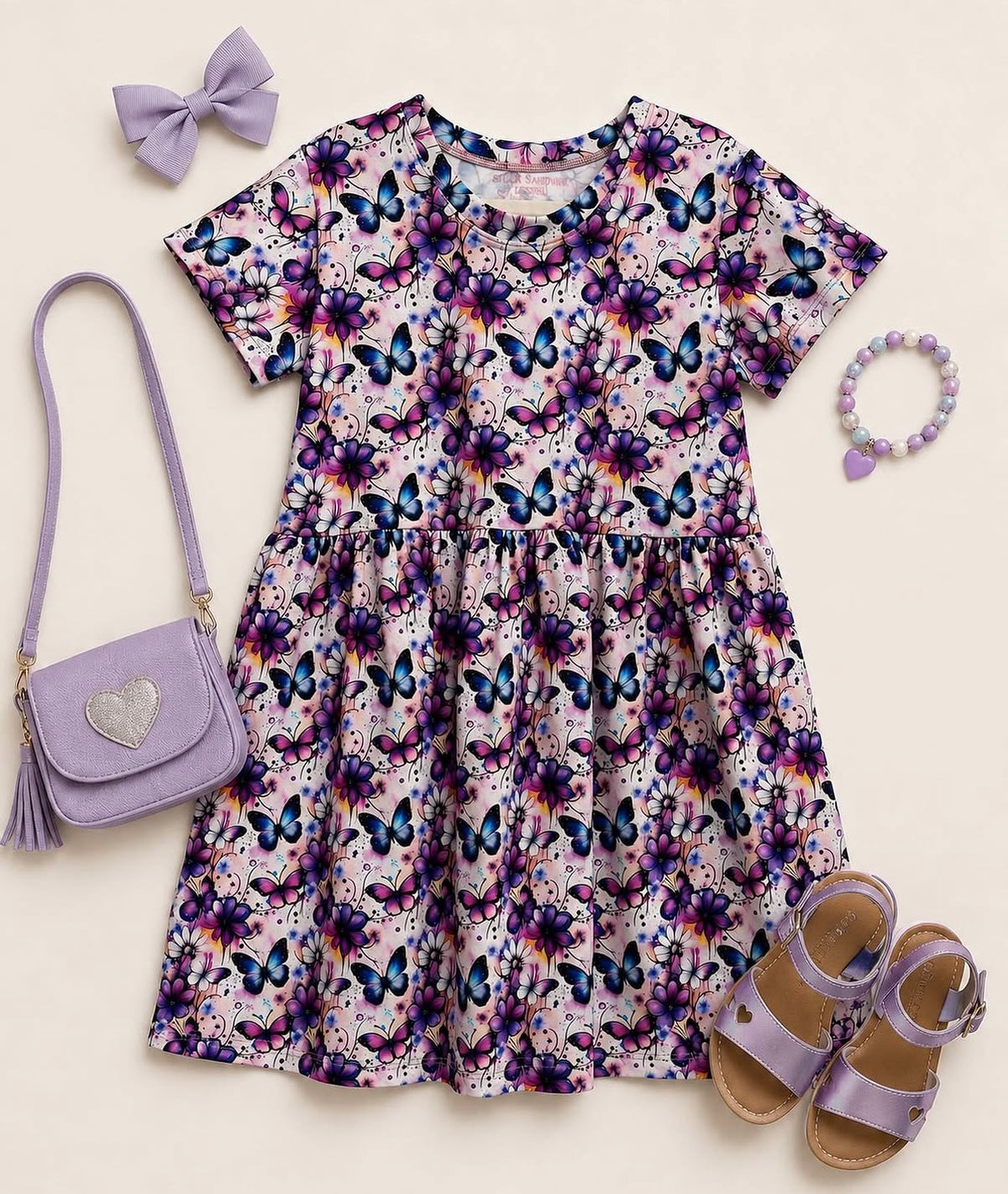Purple Butterfly Short Sleeve Play Date Dress Stretch Knit