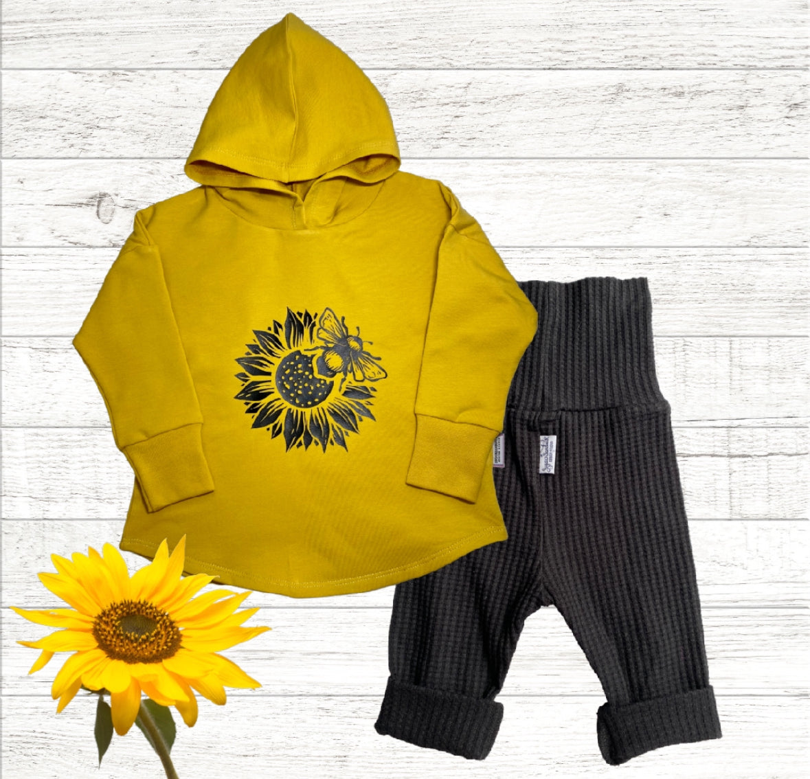 CLEARANCE Sunflower Graphic Honeybee Design on Mustard Yellow Hooded T-shirt