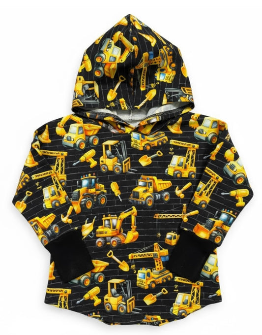 Black and Gold Construction Vehicles Print Hooded T-shirt