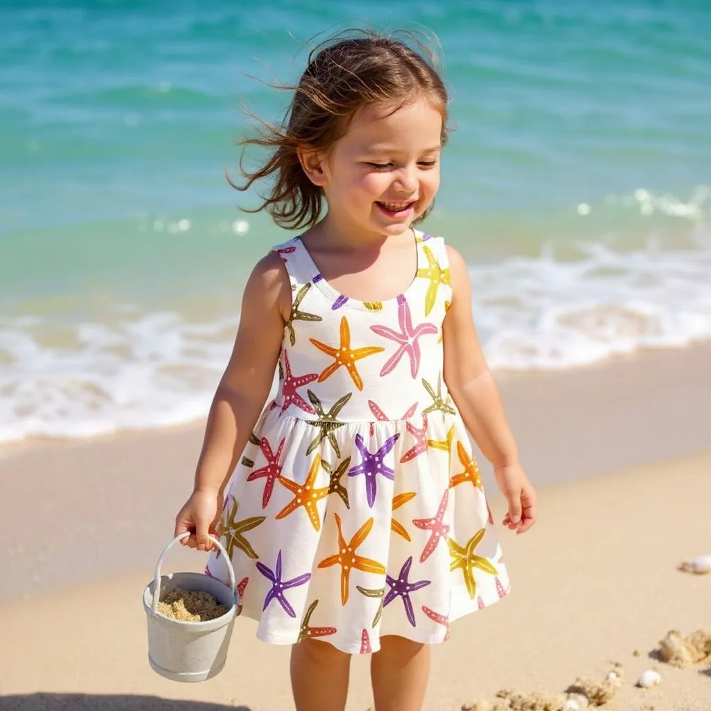 Young girl in a starfish print sundress standing on a beach with ocean waves in the background