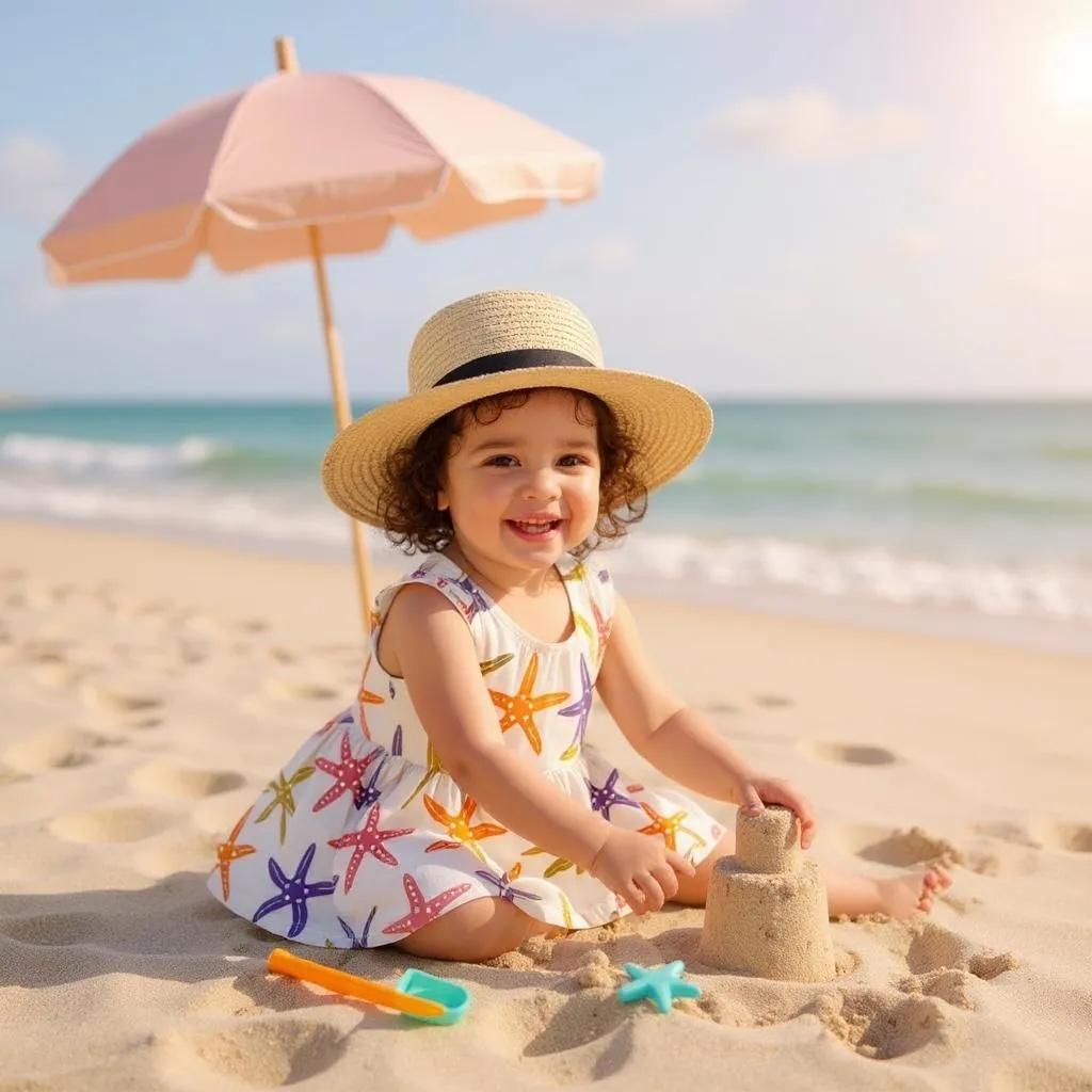 Child in a sun hat and starfish print sundress playing with sandcastles on a beach