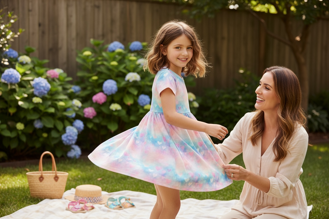 Pink and Blue Hearts Gathered Short Sleeve Play Date Dress Stretch Knit