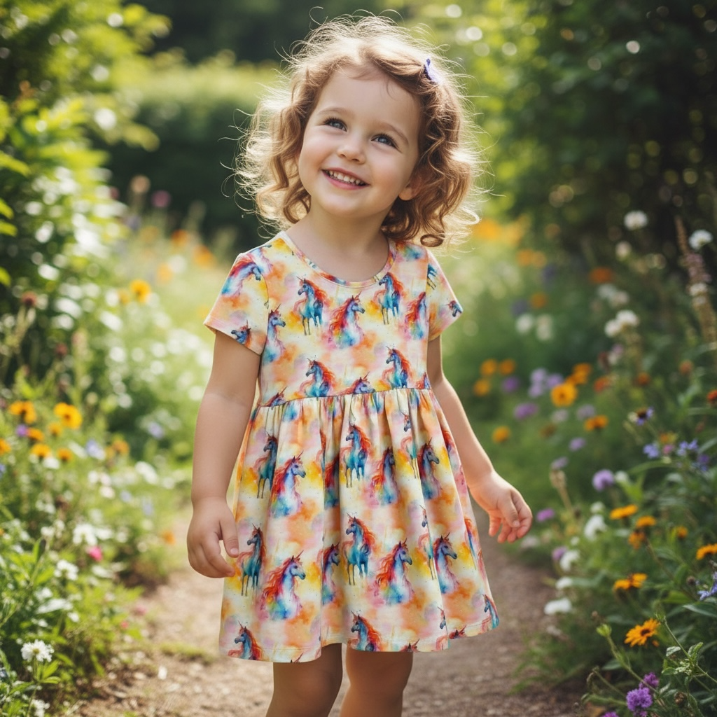 Unicorn Print Short Sleeve Play Date Dress Stretch Knit