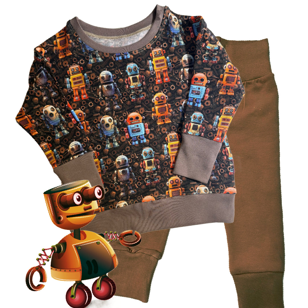 Brown ROBOT Print Crew Neck Dolman Lounge Shirt
