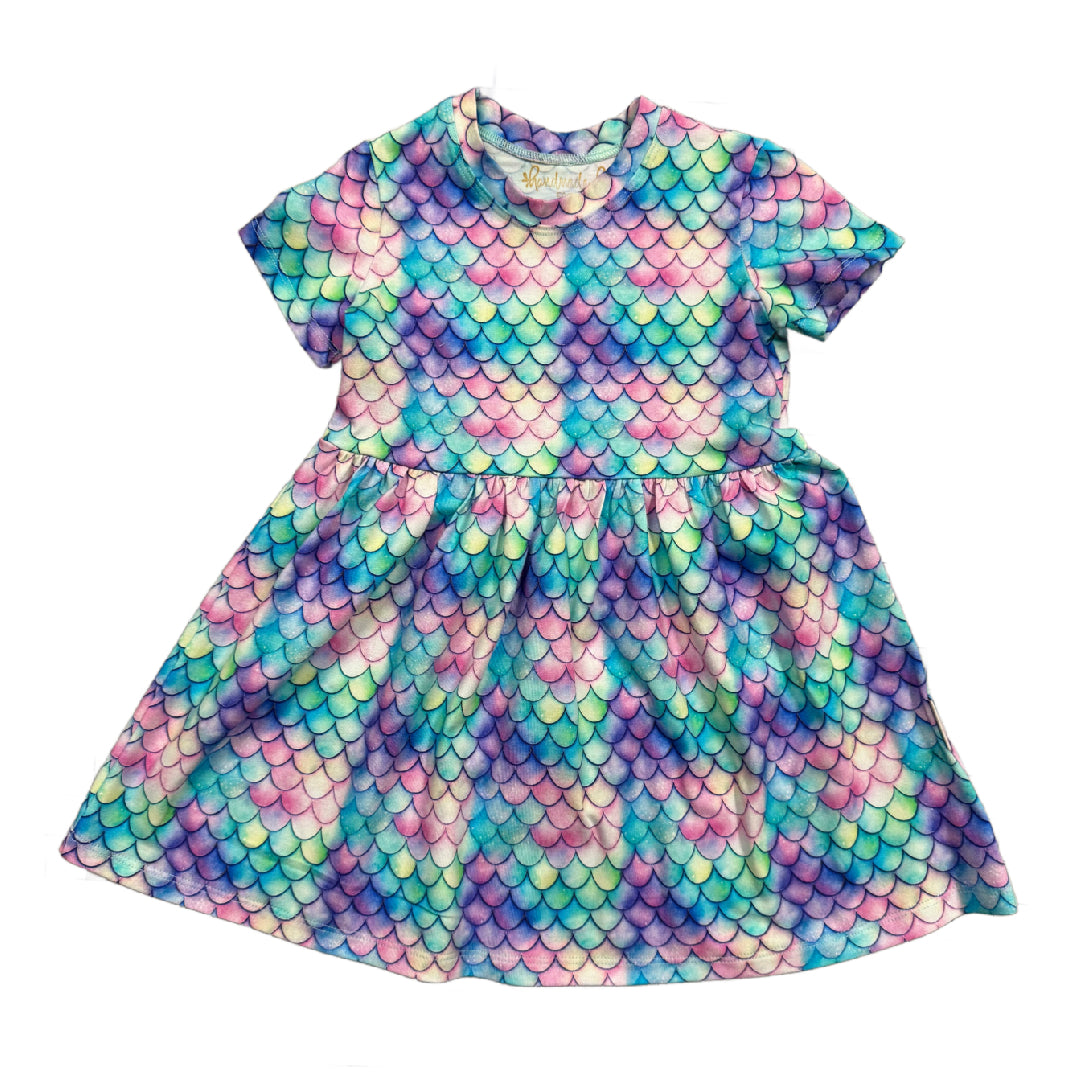 Mermaid Scales Jewel Tones Short Sleeve Play Date Dress Stretch Knit