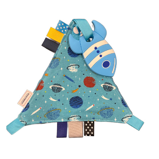 Spaceship Rocket Triangle Shaped Crinkle Toy with Soother Clip Silicone Teether Food-safe Pendant