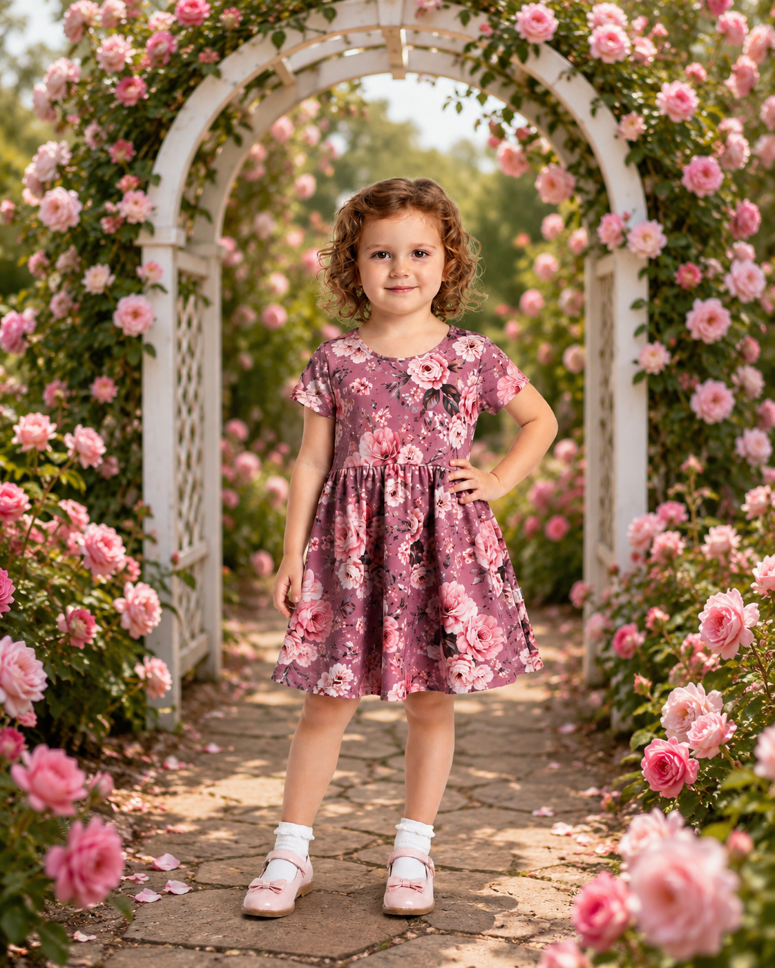 Pink Roses Short Sleeve Play Date Dress Stretch Knit