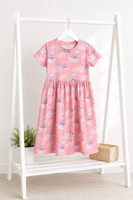 Pink Unicorn Short Sleeve Play Date Dress Stretch Knit