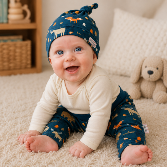 Jade Forest Woodlands Print Harem Grow Along® Pants & Top Knot Hat Organic Cotton