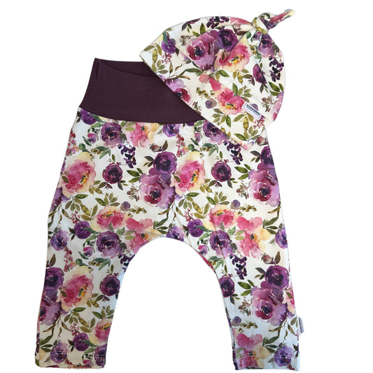 Purple Floral Organic Cotton Harem Pants & Top Knot Hat 2-piece Set