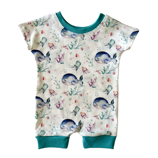 White Whale Ocean Print Snap-free Summer Rompers