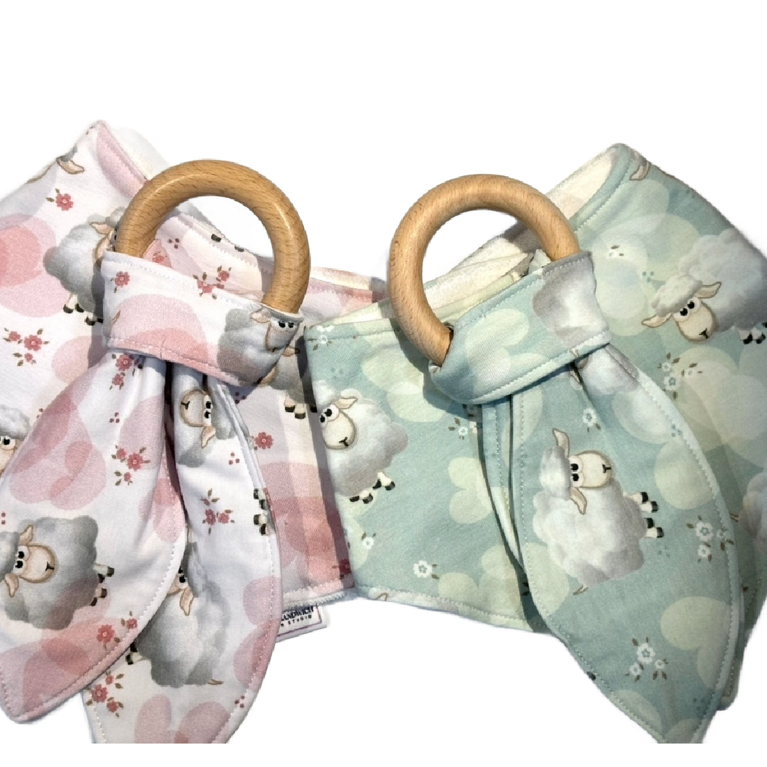 Wooden Ring Teether with Pink Lamb Cotton Tie