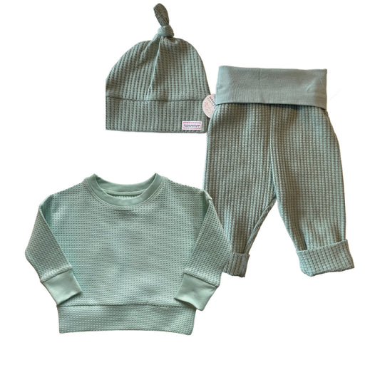 BABY BUNDLE Sage Green Waffle Knit Lounge Shirt and Pants with Top Knot Hat