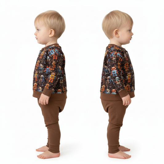 Brown ROBOT Print Crew Neck Dolman Lounge Shirt