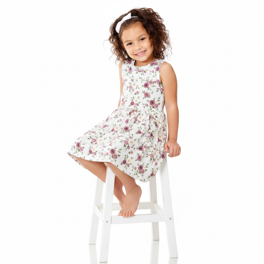 Purple Rosebud Print Sleeveless Dress for Summer