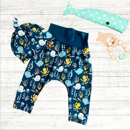Cute Ocean Theme Organic Cotton Cuffless Harem Pants with Matching Top Knot Hat