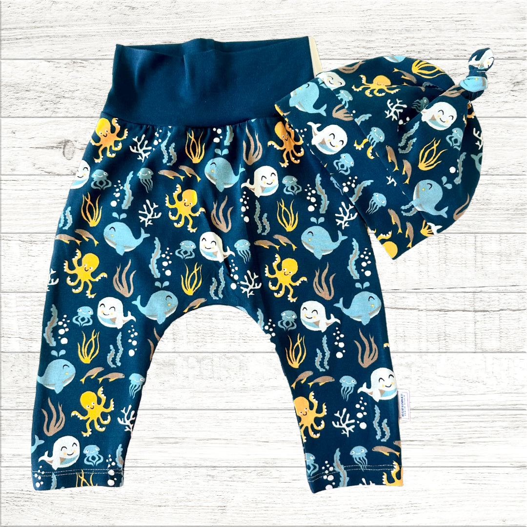 Cute Ocean Theme Organic Cotton Cuffless Harem Pants with Matching Top Knot Hat