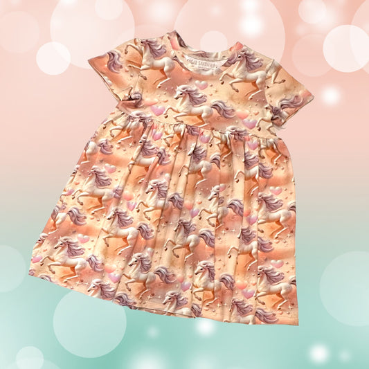 Peachy Pink Horses Print Gathered Short Sleeve Play Date Dress Stretch Knit