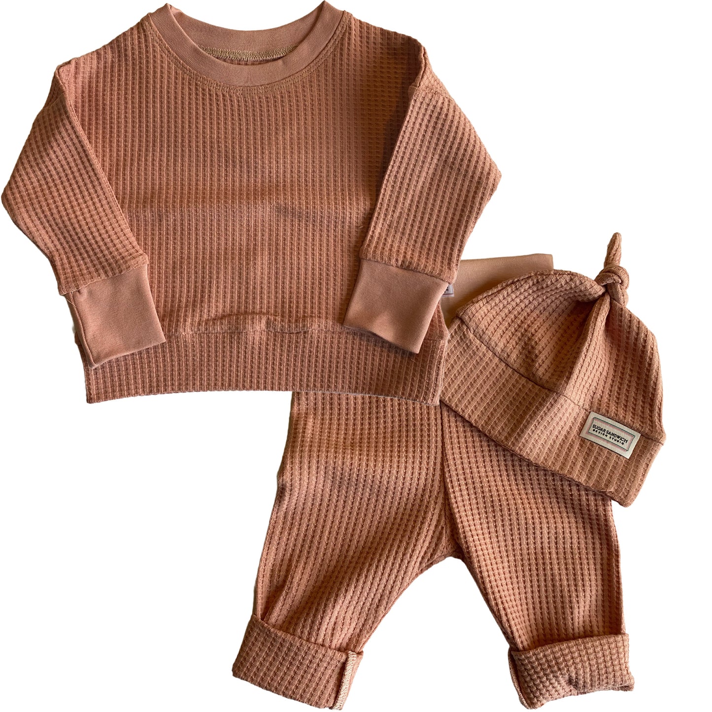 BABY BUNDLE Rose Pink Waffle Knit Lounge Shirt and Pants with Top Knot Hat