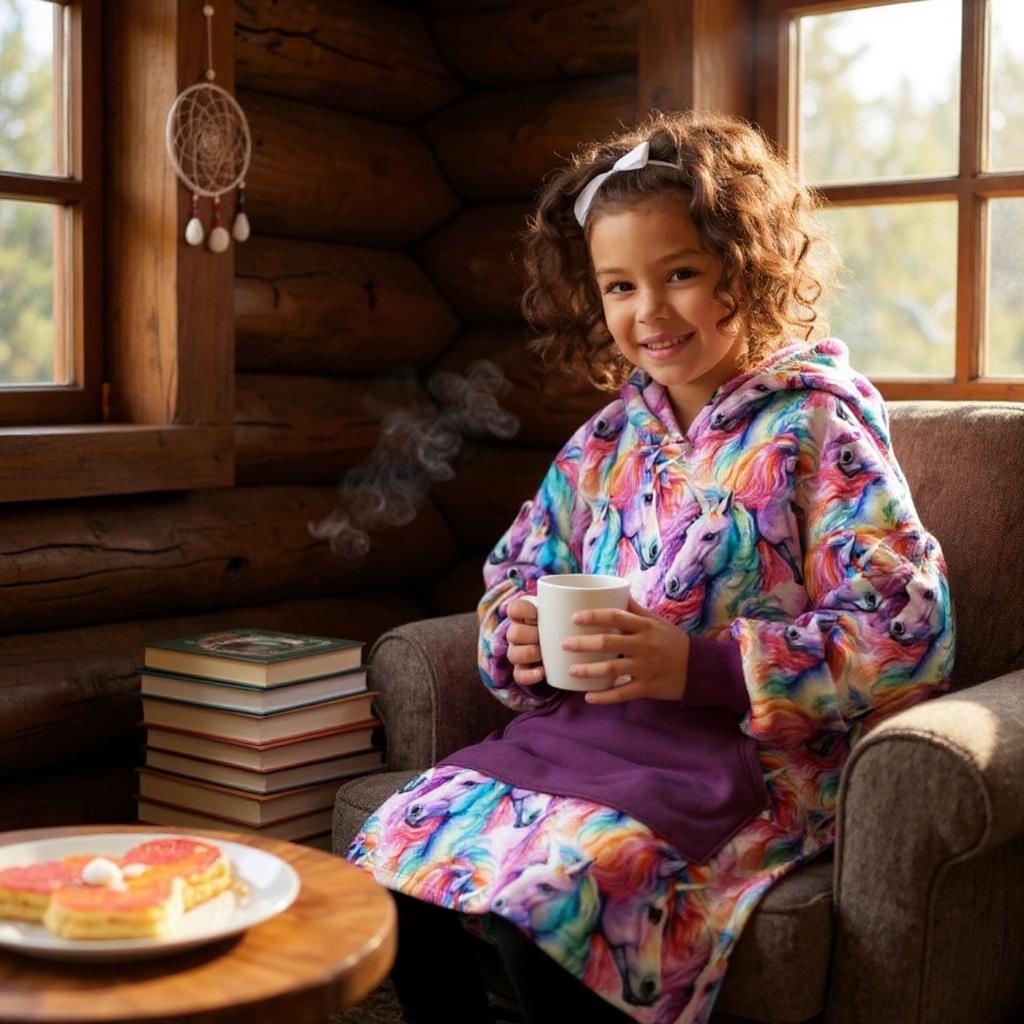 Child in a colorful robe holding a mug in a cozy cabin setting with books and a plate of food.
