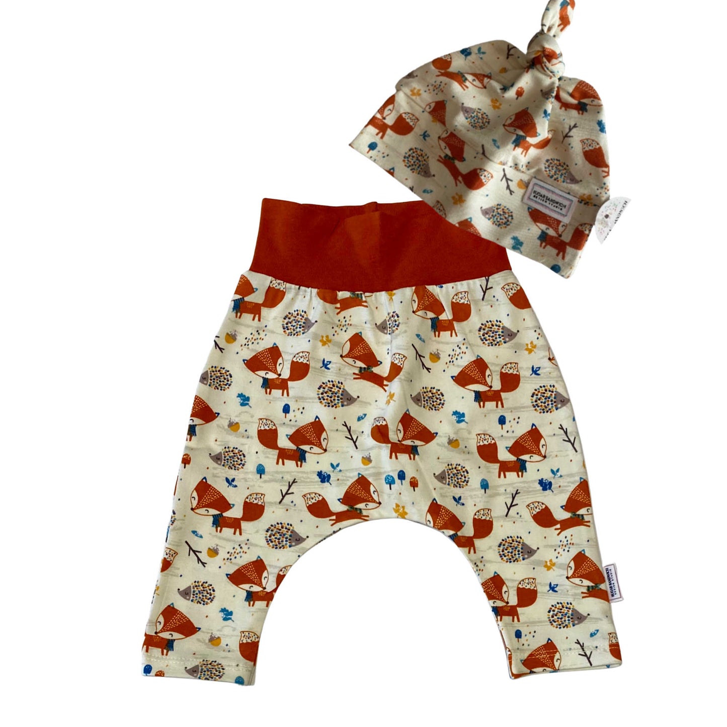 Cute Fox Organic Cotton Cuffless Harem Pants with Matching Top Knot Hat