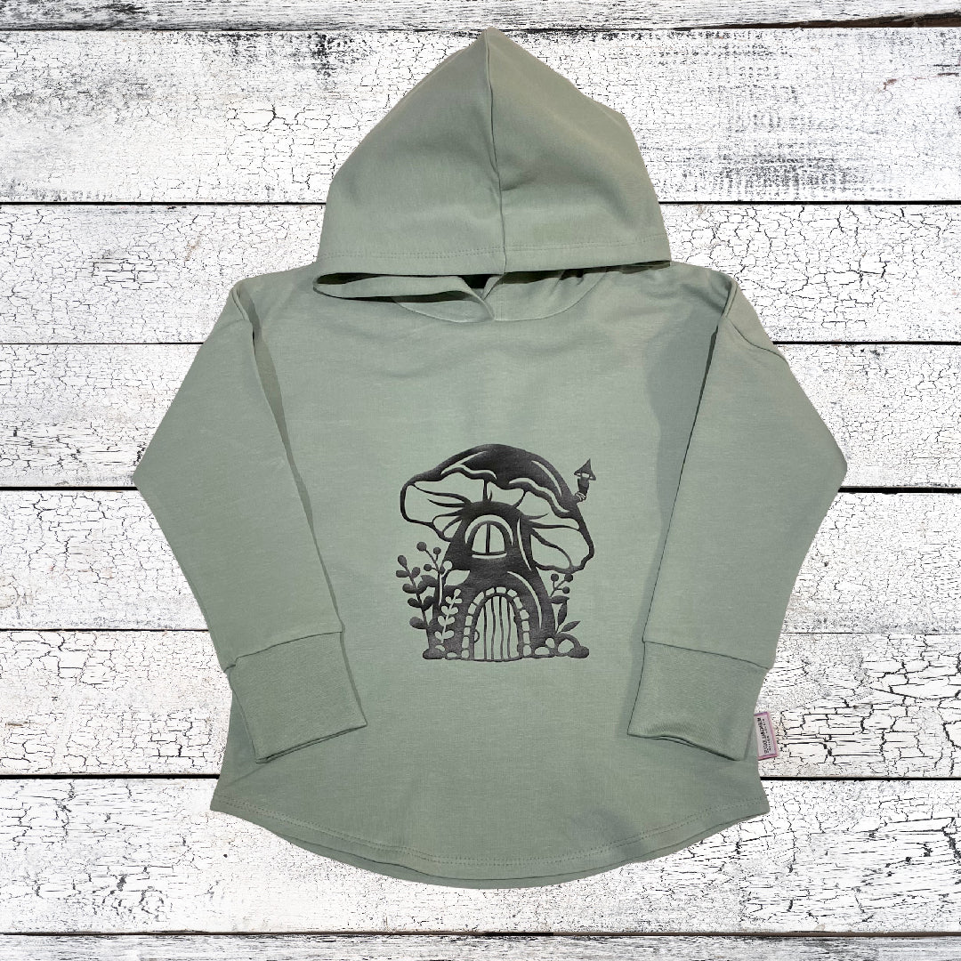 CLEARANCE Toadstool Graphic House Design on Sage Green Hooded T-shirt