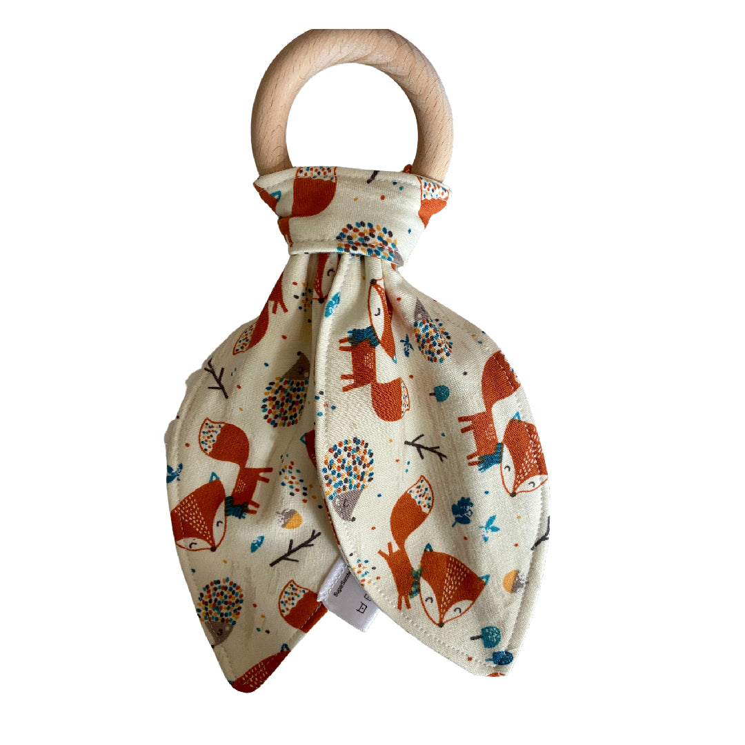 Wooden Ring Teether with Cute Fox Organic Cotton Tie