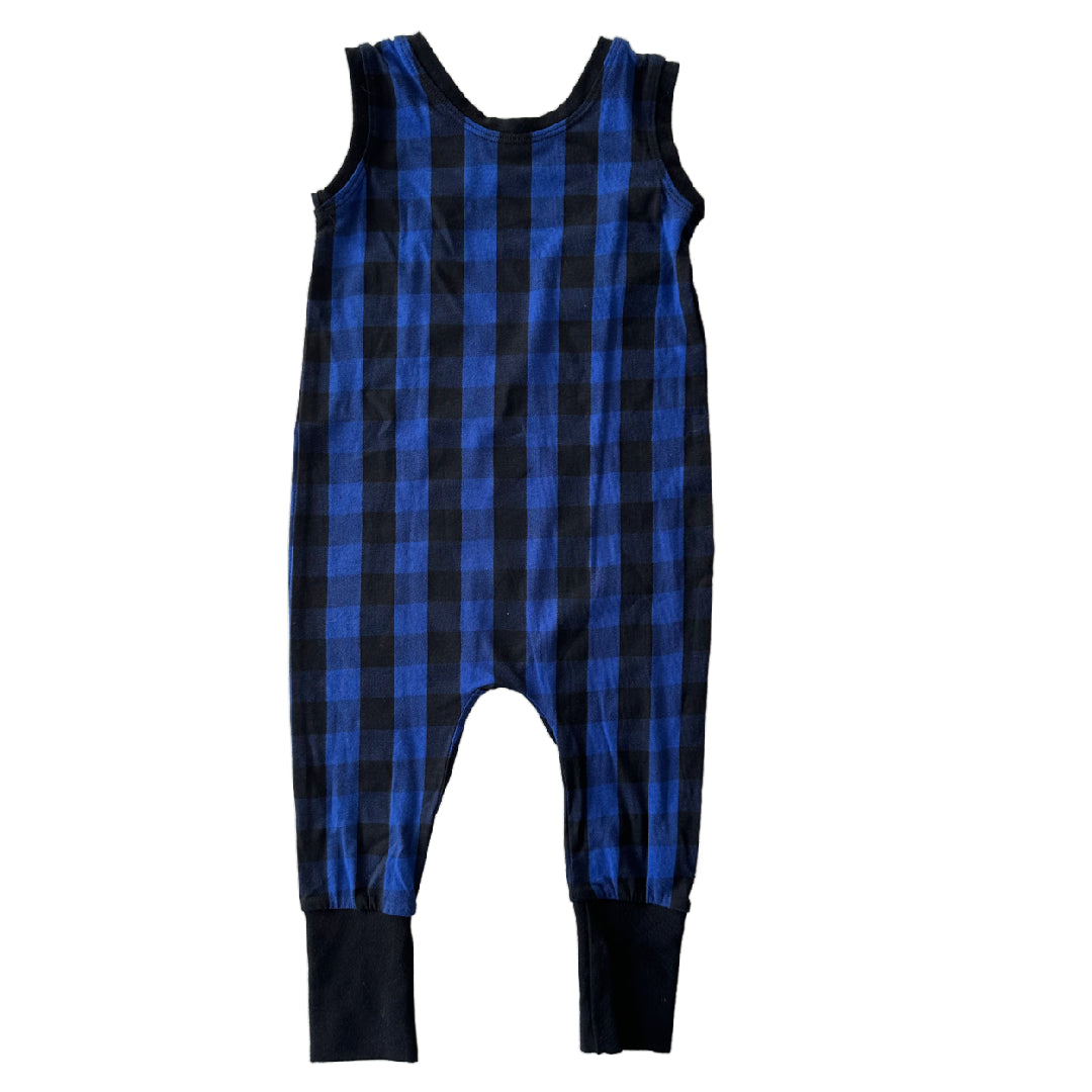 CLEARANCE Blue Black Checkered Snap-free Harem Rompers