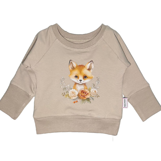 Cute Fox Graphic Honey Beige Grow Along Crew Neck