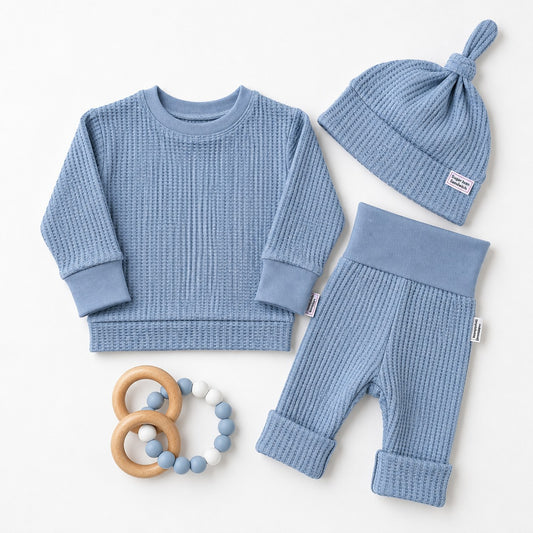 BABY BUNDLE Blue Waffle Knit Lounge Shirt and Pants with Top Knot Hat