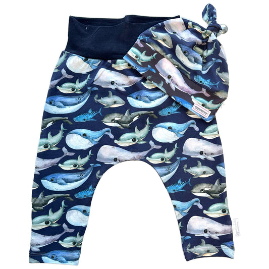 Blue Whale Cuffless Harem Pants with Matching Top Knot Hat