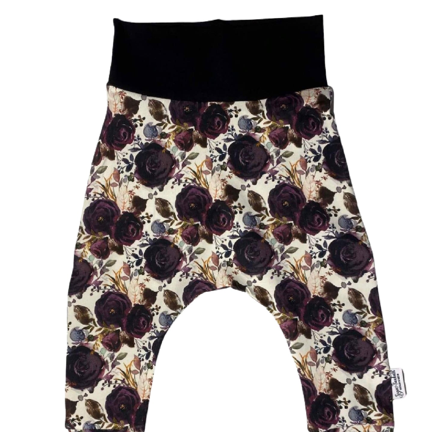 Dark Purple Floral Cuffless Harem Pants with Matching Top Knot Hat