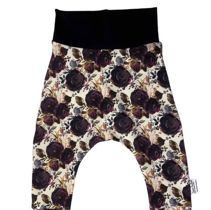 Dark Purple Floral Cuffless Harem Pants with Matching Top Knot Hat