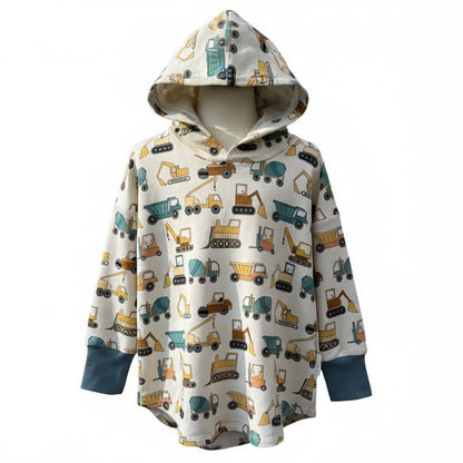 Children's hoodie with construction vehicle pattern on a white background