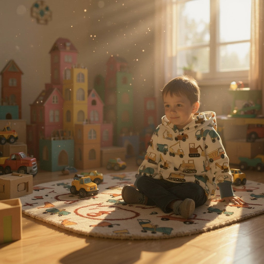 Child wearing construction vehicle hoodie surrounded by toys in a sunlit room with colorful toy buildings.