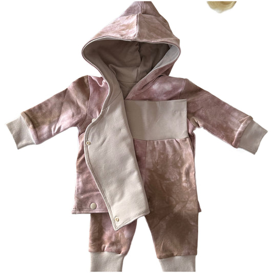 Conjunto de 2 piezas de chaqueta cruzada a juego, joggers, algodón rosa rubor, teñido anudado, talla infantil 6-12M