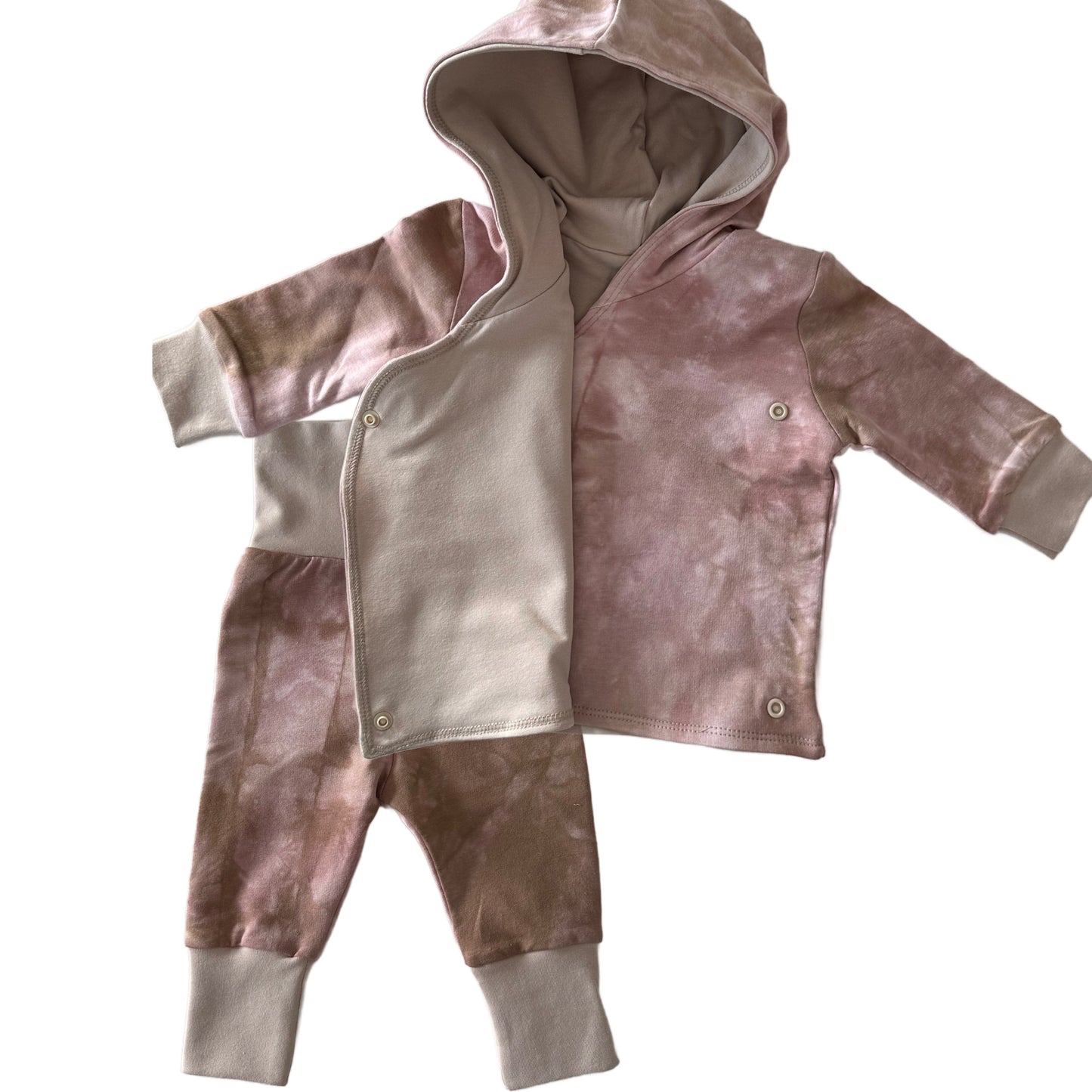 Conjunto de 2 piezas de chaqueta cruzada a juego, joggers, algodón rosa rubor, teñido anudado, talla infantil 6-12M