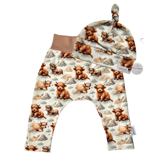 Baby Cow Highland Cattle Print Baby Harem Pants & Hat Set