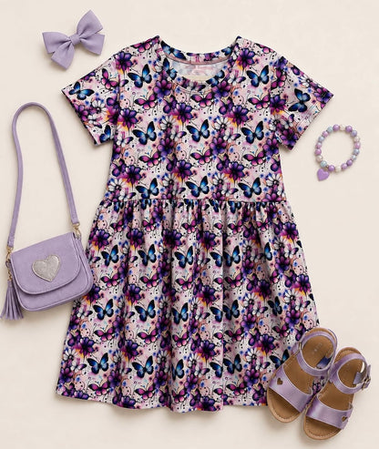 Purple Butterfly Short Sleeve Play Date Dress Stretch Knit
