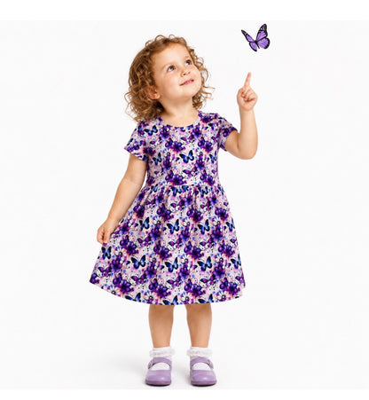 Purple Butterfly Short Sleeve Play Date Dress Stretch Knit