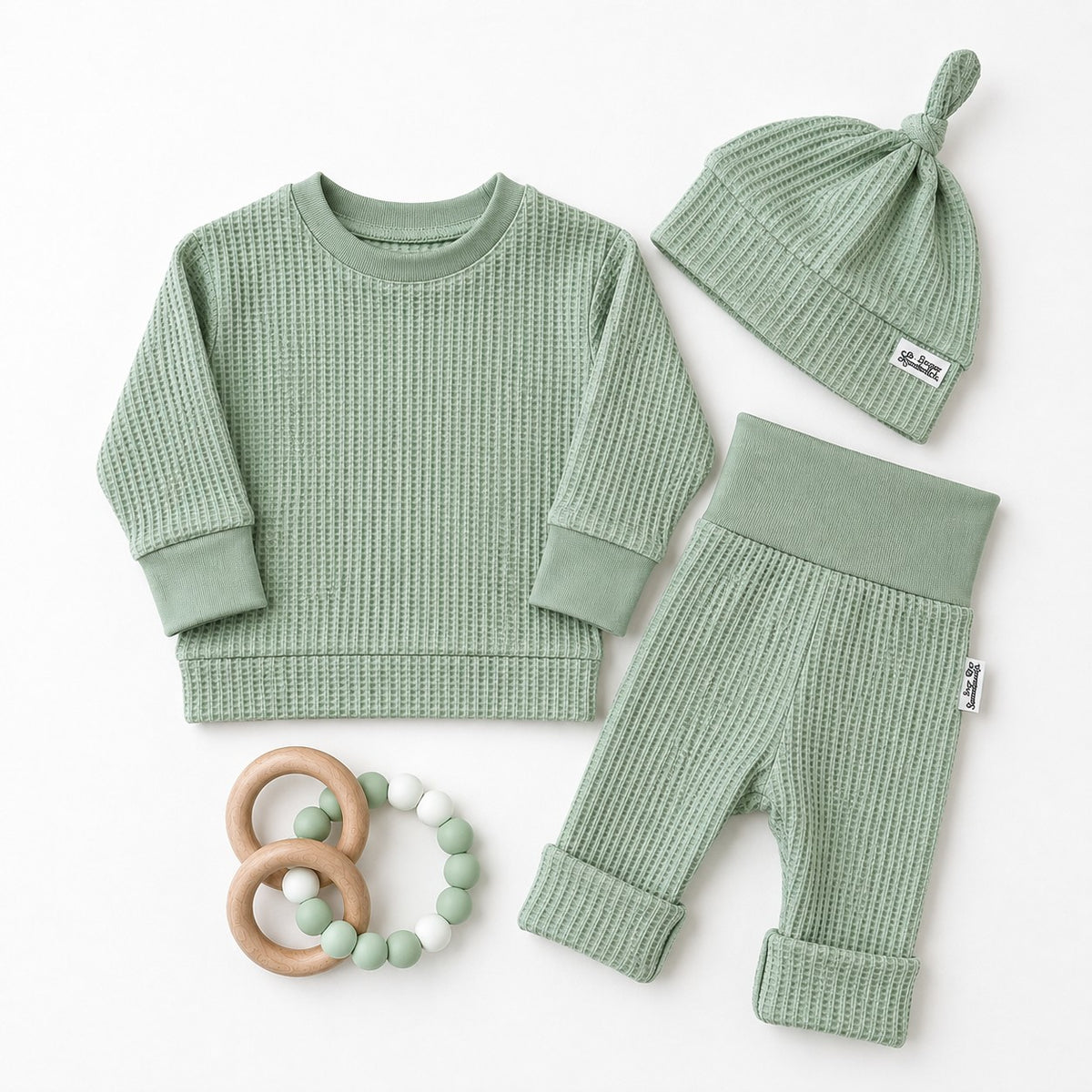 Pantalon de détente en tricot gaufré vert sauge avec chapeau à nœud supérieur