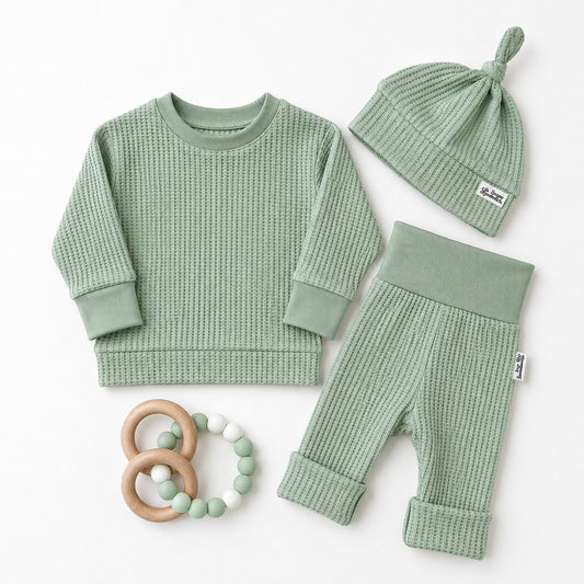 BABY BUNDLE Sage Green Waffle Knit Lounge Shirt and Pants with Top Knot Hat