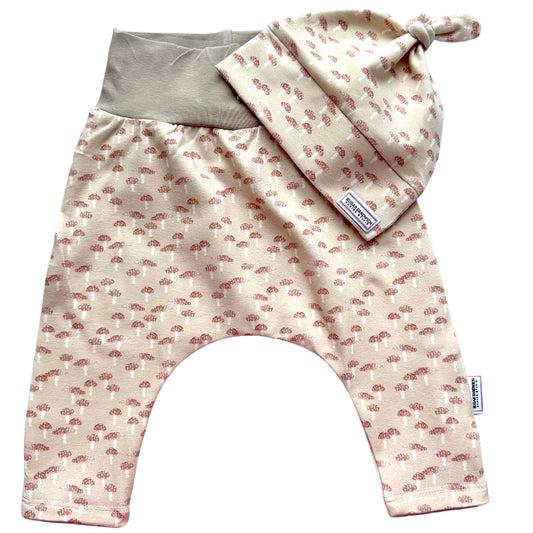 Beige Toadstools Organic Cotton Cuffless Harem Pants with Matching Top Knot Hat