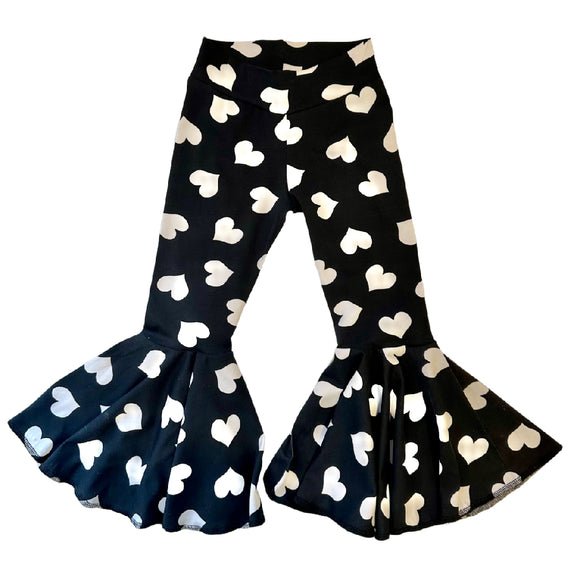 Black with White Hearts Circle Bell Bottom Pants